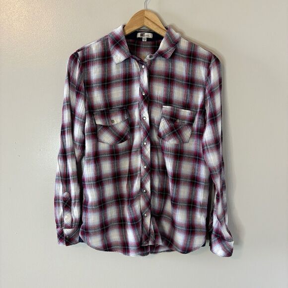 Kut From The Cloth Womens Plaid Button Up Top Maroon Long Sleeve Snaps S… - Picture 1 of 7